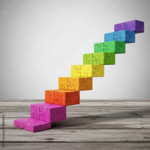Colorful puzzle pieces form ascending steps