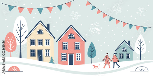 Tableau sur toile Cozy winter village with snow, decorated houses, falling snowflakes and walking