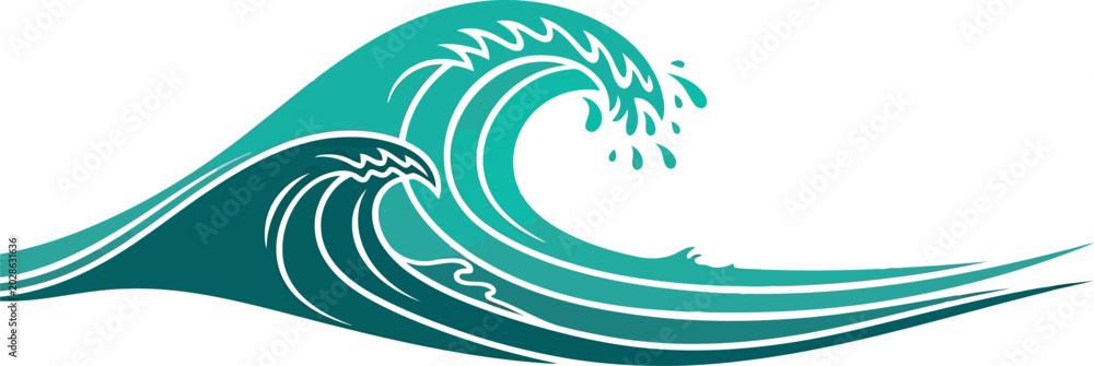 Fototapeta premium Single teal wave breaking with white foam illustration water surface breaking crashing seascape illustration background creative stylized abstract