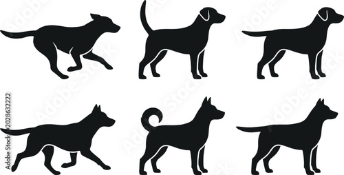 Bild auf Leinwand Collection of dog breed silhouette icons in flat black style featuring running s