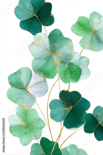 watercolor clover leaves with gold foil accents, seamless pattern on a white background, soft green and dark emerald colors.