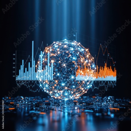 Digital globe with data charts, glowing network