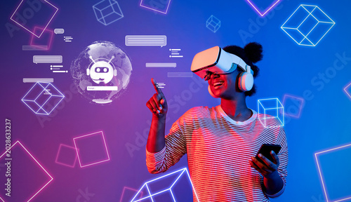 Photos A vibrant image showcasing a user immersed in virtual reality, engaging with AI technologies, demonstrating the dynamic evolution of digital communication and automation