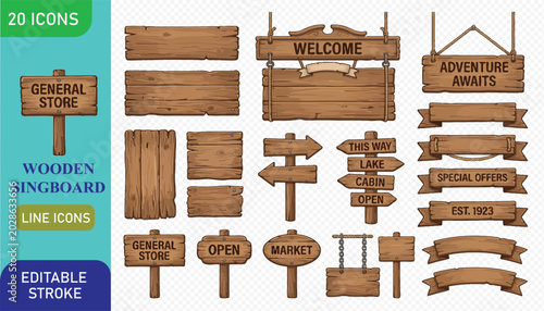 Bild auf Leinwand Comprehensive collection of wooden signboards and banners in various styles, including hanging signs, directional signs, and decorative elements, for versatile design applications