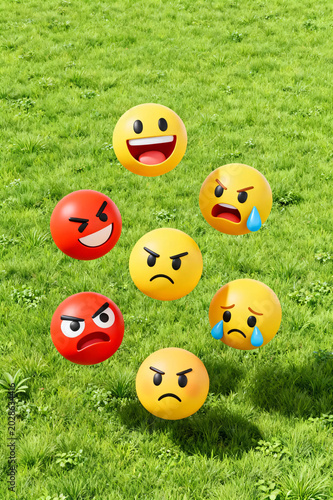 Set of 3D emojis expressing various emotions. Colorful face icons and mental health concept isolated on white background.