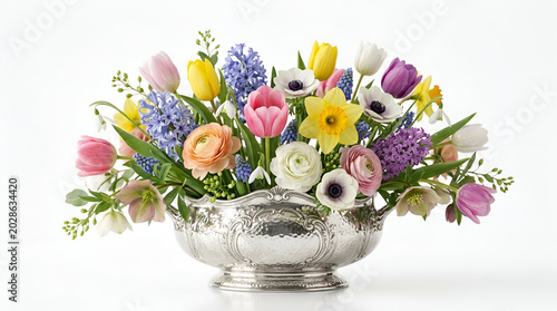 Colorful Spring Flower Bouquet in Vintage Silver Bowl Arranged for Elegant Decor