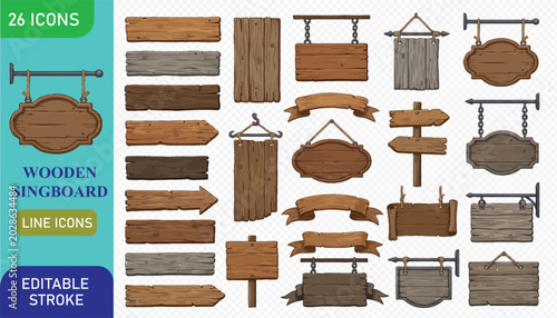 Tableau sur toile Comprehensive collection of wooden signboards and banners in various styles, including hanging signs, directional signs, and decorative elements, for versatile design applications