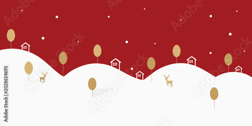 Tableau sur toile Whimsical winter village with snow covered hills trees and houses on red backgro