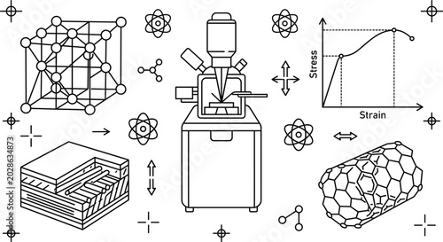 Foto Material Science Engineering Vector Icon Set with Microscope Stress Strain Graph