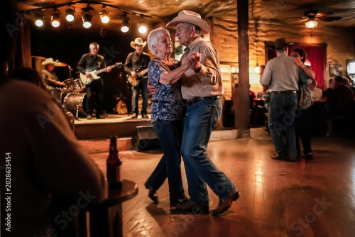 Elderly couple dancing at a country music dance hall with live band and warm lighting