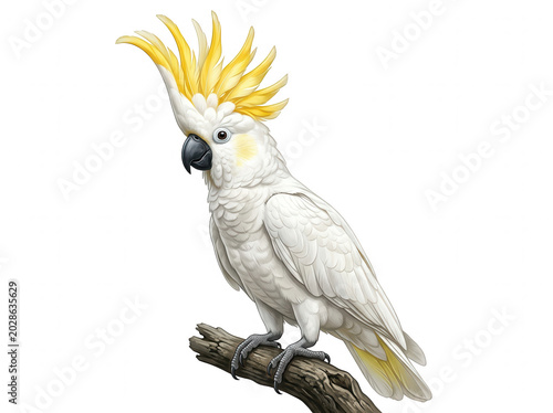 White cockatoo bird perched branch illustration, isolated white bird with yellow crest