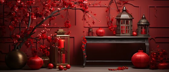 Red themed lunar new year decorations with decorations lanterns branches