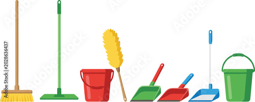 Schilderij op canvas Household Cleaning Equipment Vector Set with Brooms Mops Buckets Dustpans and Du