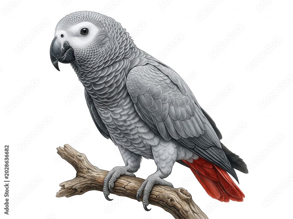 Fototapeta premium African grey parrot perched on branch, realistic bird illustration with red tail feathers and detailed gray plumage