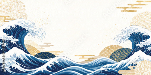 Japanese Wave Background Inspired by Traditional Ukiyo-e Art, Elegant Blue Ocean Waves with Gold Accents and Minimal Asian Design
