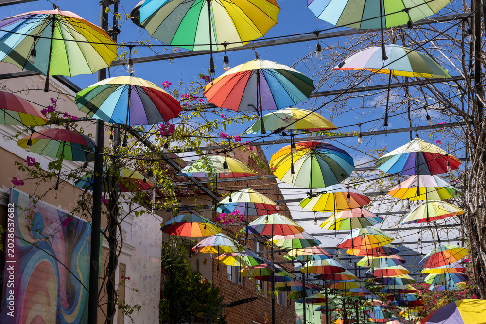 Naklejka premium a street in Puerto Plata decorated with colorful umbrellas, Dominican Republic