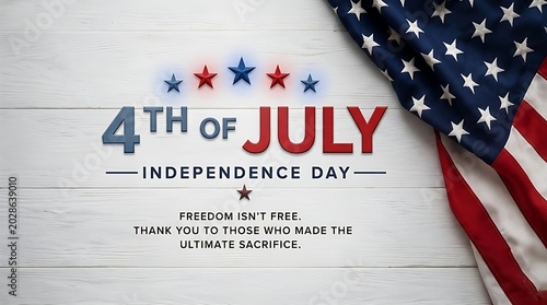4th of July Independence Day Greeting on White Wood Background with US Flag and Stars