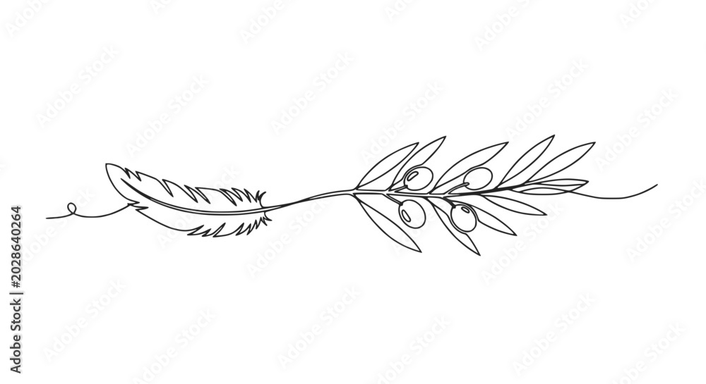 Fototapeta premium Minimalist feather and olive branch continuous line drawing, elegant divider.