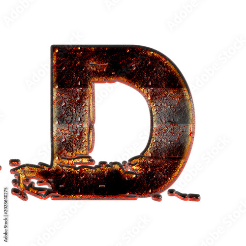 фотографія 3D burnished metal letter D with fire magma and rust texture isolated on transpa