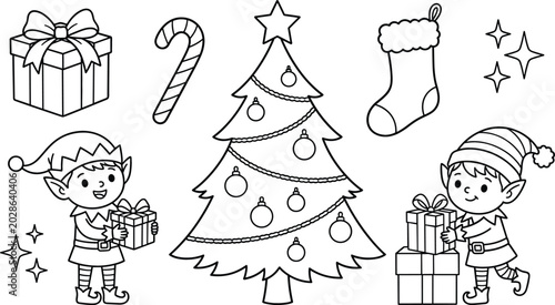 Fotografía Christmas Tree and Cute Elf Outline Icon Set with Gift Boxes Stocking and Candy
