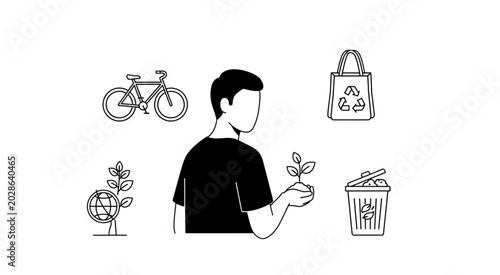 Man holding plant surrounded by eco friendly bicycle reusable bag and recycling bin