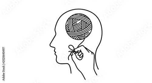 A hand threads a yarn ball through a human head profile illustration