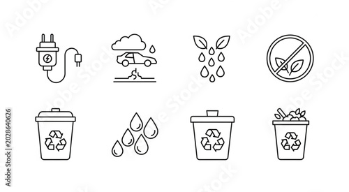 Eco friendly icons show recycling bins and environmental conservation methods