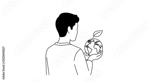 Man holding a globe with a leaf on top from behind