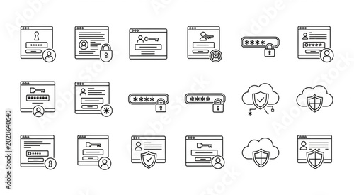 Various computer and mobile device screens with icons and symbols displayed.