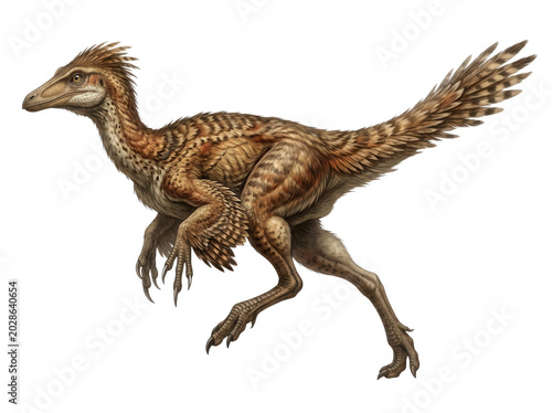 Running dinosaur feathered dinosaur bipedal dinosaur reptile prehistoric animal brown feather long tail claw side view isolated