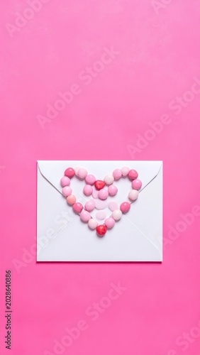 a pink background with a white envelope and pink hearts
