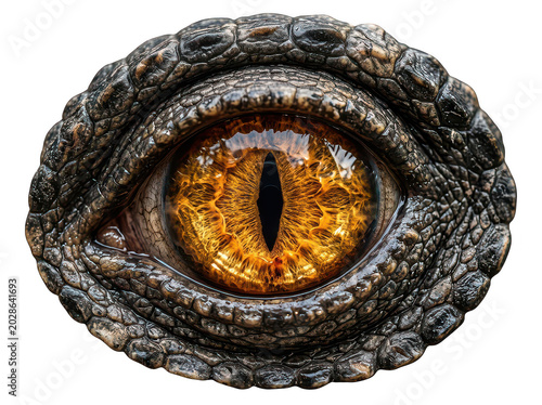 Dinosaur eye reptile eye amber iris slit pupil scaly skin animal eye close up fantasy creature isolated object