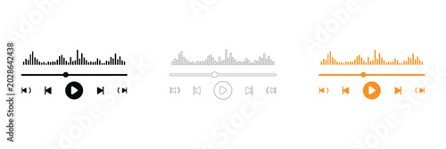 Audio player icons in black, Gray, And orange on white background for music and podcast applications