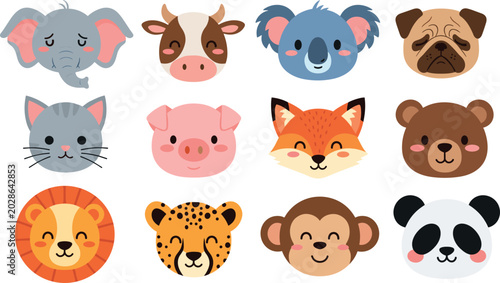 Photography Cute Kawaii Animal Face Set with Elephant Cow Koala Pug Fox Bear Lion Panda and