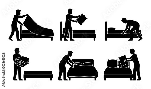 Tableau sur toile Bed Making Steps Icon Set, Mattress Preparation, Pillow Arrangement, Sheet Foldi