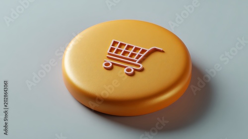 A 3D rendered, orange button with a white shopping cart icon