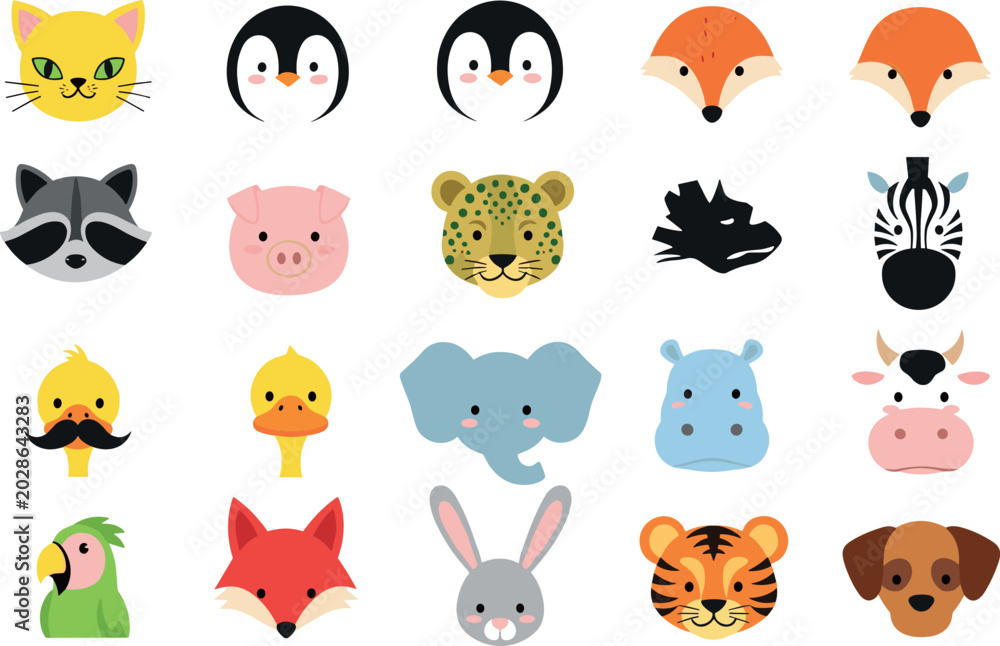 Obraz premium Cute Flat Cartoon Animal Face Icons Collection with Cat Penguin Fox Raccoon Leopard Elephant Tiger Bunny and Dog Vector Set