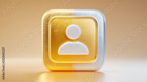 A golden and silver 3D square icon with a person silhouette against a neutral gradient