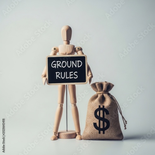 Puppet holds sign, money bag nearby