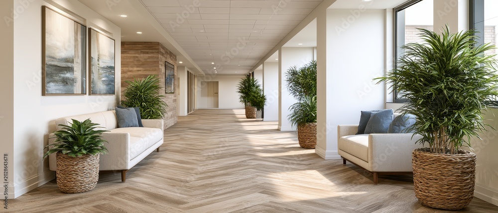 Fototapeta premium Luxury modern living room interior with fireplace and wooden ceiling, elegant residential architecture design.
