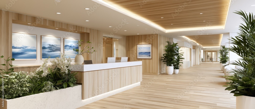 Fototapeta premium Luxury modern living room interior with fireplace and wooden ceiling, elegant residential architecture design.