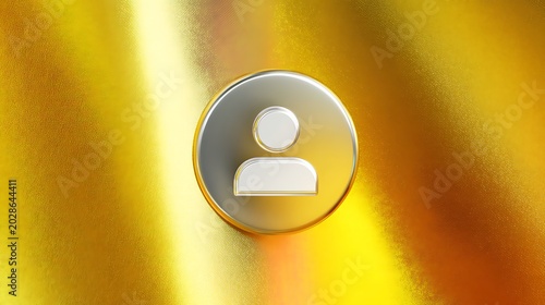 Metallic user icon within a circle, set against a shimmering gold background