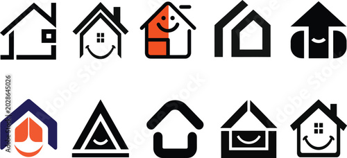 Modern Minimal House Logo Collection Set with Smiling Home Icons Vector Design
