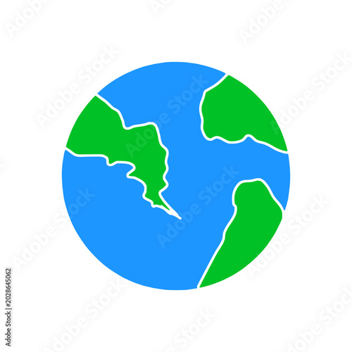 planet Earth icon,  blue oceans and green continents