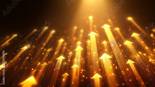 Illuminated gold arrows ascend, symbolizing growth and progress, against a dark backdrop