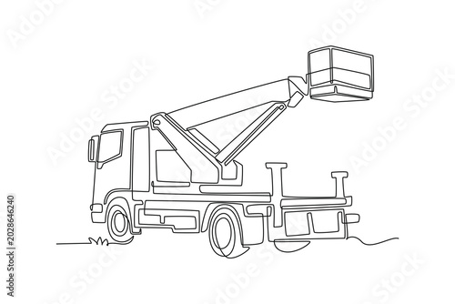 Continuous one line drawing back view of city service boom truck. Driver cabin, rear support bed, hydraulic arm lifting an aerial work basket cage. Single line draw design vector graphic illustration