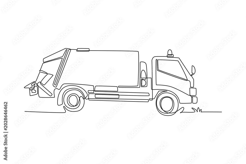 Φωτογραφία Single continuous line drawing side view of city garbage truck