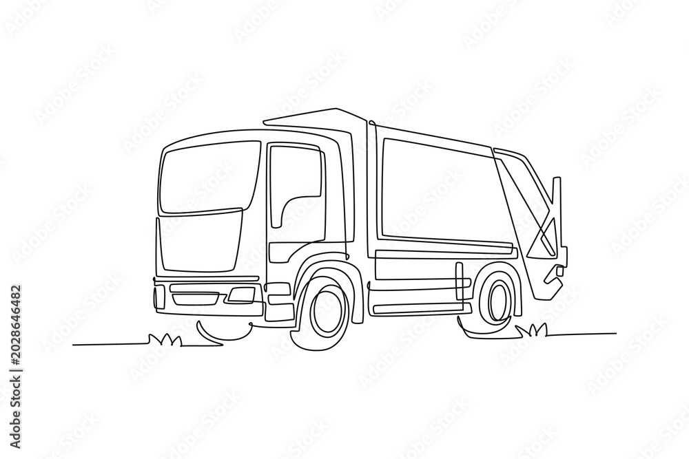 Φωτογραφία Single continuous line drawing municipal waste management truck from front angle, featuring detailed driver cabin and large rear refuse container body