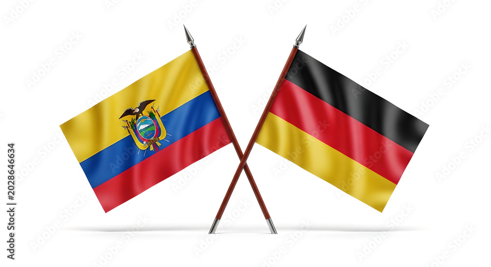 Fototapeta premium Two crossed flags of ecuador and germany on poles isolated on white background
