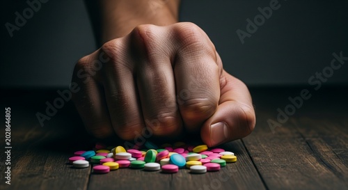 Fist Clenching Over Pile of Colorful Medical Pills on Dark Wooden Table